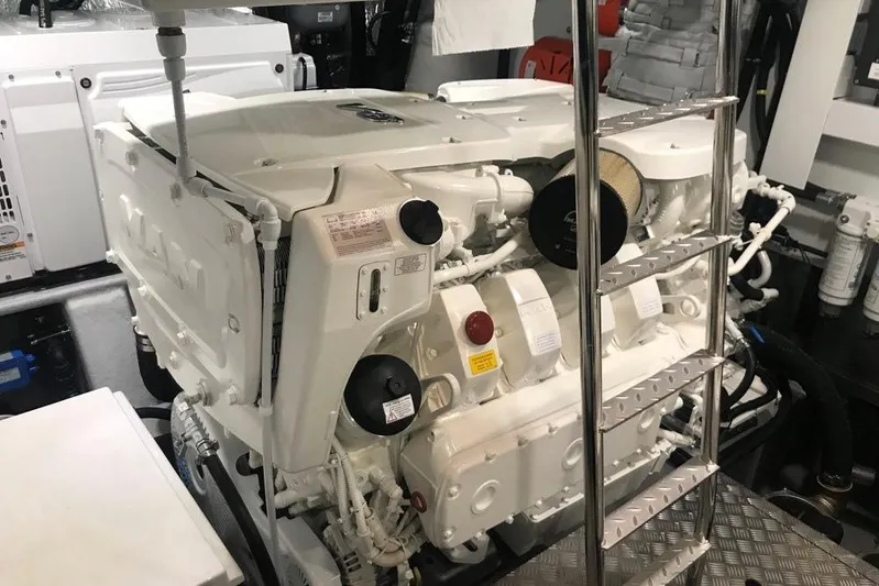 Alexstar Yacht Photos Pics Engine room of 2021 Sunseeker Manhattan 68 yacht, featuring advanced machinery and equipment.