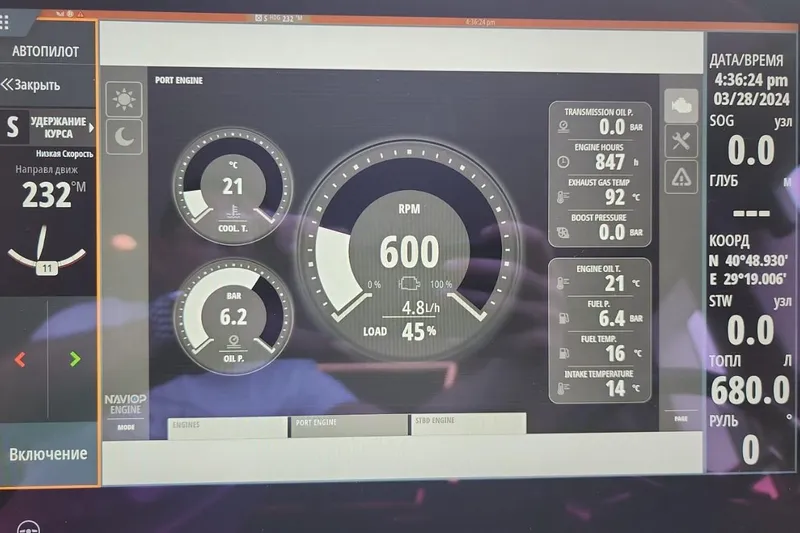 Alexstar Yacht Photos Pics Dashboard of a 2021 Sunseeker Manhattan 68 yacht displaying engine metrics and navigation data.