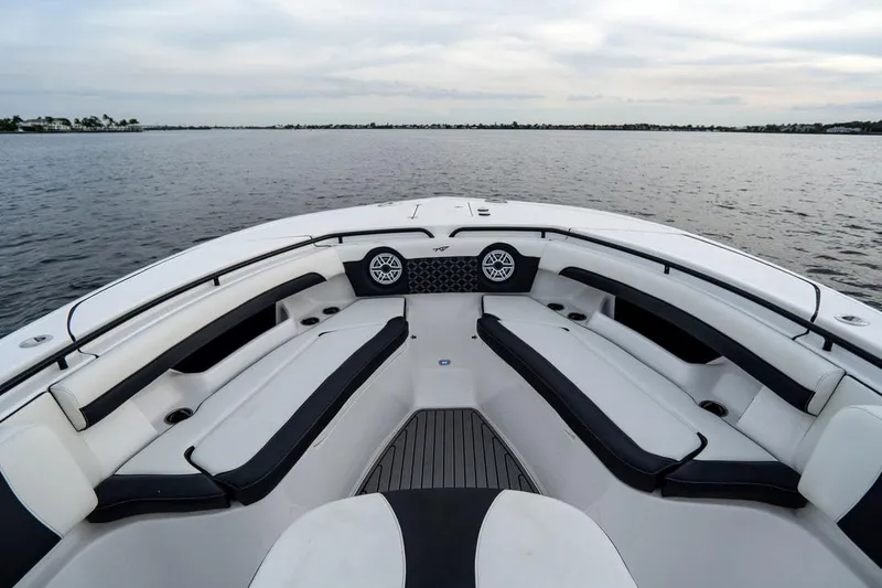 Tidewater 320 Cc Yacht Photos Pics 2020 Tidewater 32 boat interior with spacious seating on calm water.