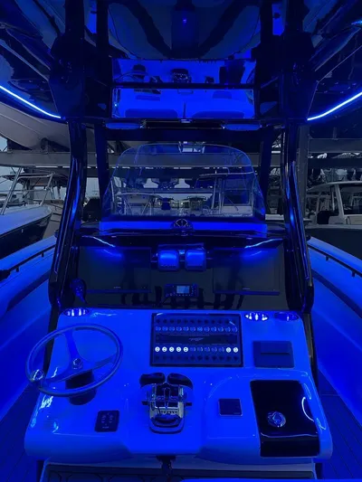 Tidewater 320 Cc Yacht Photos Pics 2020 Tidewater 32 boat cockpit with blue LED lighting.