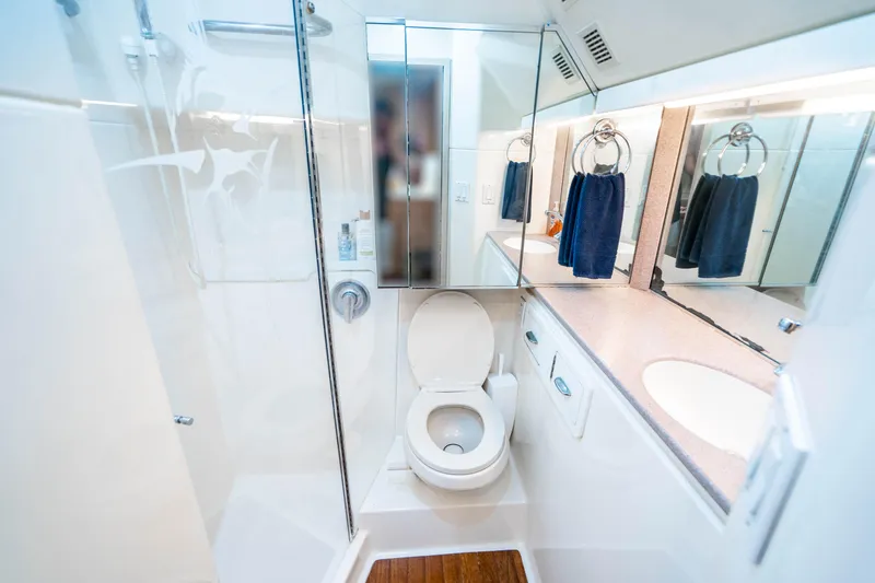 Amadeus Yacht Photos Pics Bathroom interior of 1995 Tiara Yachts 4300 Open, featuring toilet, sink, and mirror.