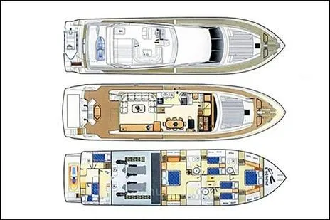 Ventus 21 Yacht Photos Pics Floor plan of 2003 Ferretti Yachts 760, showcasing three levels with detailed layout.