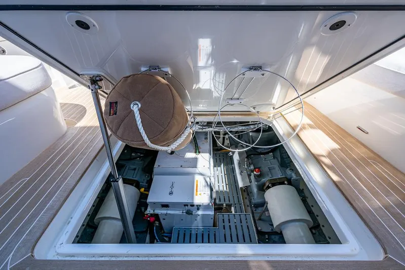 Vera North Yacht Photos Pics Engine compartment of 2021 Hinckley Talaria 55 Flybridge MKII yacht, showcasing mechanical components.