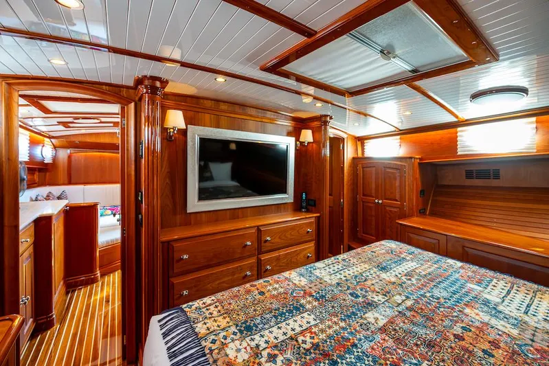 Vera North Yacht Photos Pics Luxurious cabin interior of 2021 Hinckley Talaria 55 Flybridge MKII yacht with wood finish.