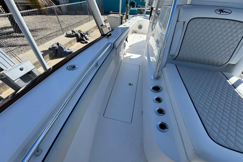  Yacht Photos Pics 2024 Valhalla V-29 Hybrid boat interior with quilted seating and rod holders.