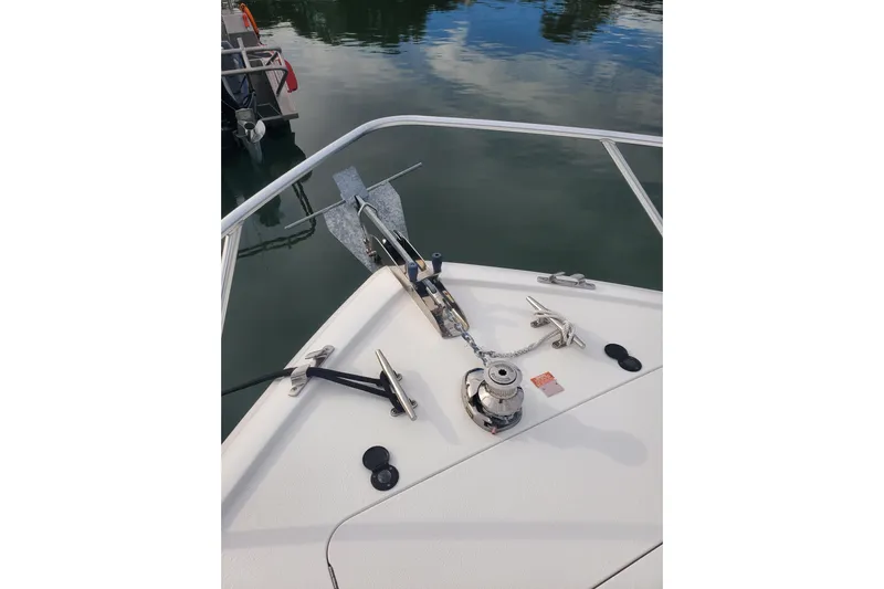 Salty Soul Yacht Photos Pics Bow of 2023 Viking 48 Sport Tower with anchor and winch system.