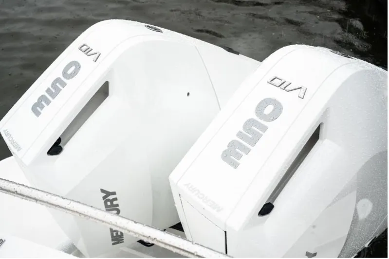 Commander Yacht Photos Pics Twin Mercury outboard engines on a 2024 Bracewell 36SF Commander boat.