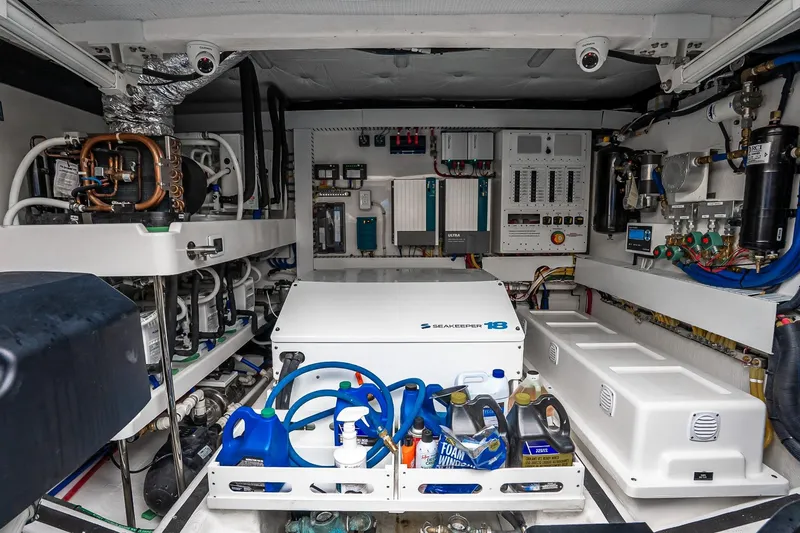  Yacht Photos Pics Engine room of 2024 Sabre 58 Salon Express, featuring advanced mechanical systems and equipment.