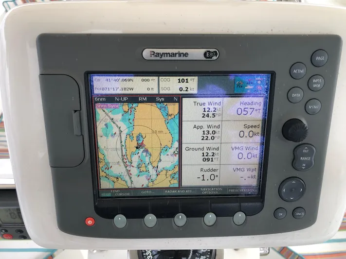 Ibis Yacht Photos Pics Raymarine navigation display on 2008 Outbound 46 sailboat, showing map and wind data.