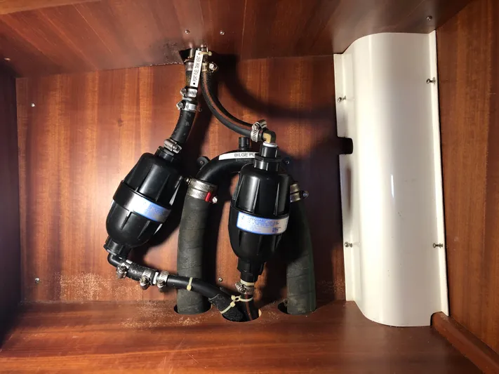 Ibis Yacht Photos Pics Boat engine compartment with hoses and filters, Outbound 46, 2008 model.