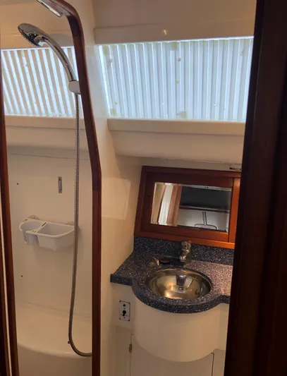 Ibis Yacht Photos Pics Compact bathroom in 2008 Outbound 46 yacht with shower and sink.
