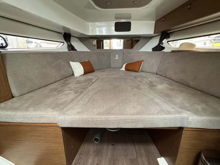 La Bella Vita Yacht Photos Pics Interior of 2020 Beneteau Flyer 10 with cozy upholstery.