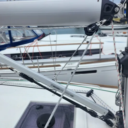 Skye Yacht Photos Pics 2023 Jeanneau Sun Odyssey 349 sailboat rigging and deck details in marina.