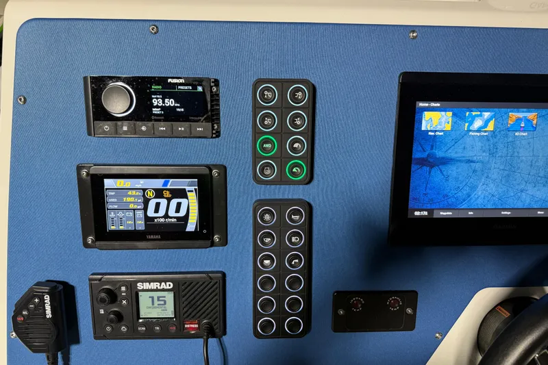 7.5m Hydrasol Rib Yacht Photos Pics Control panel of a 2021 Sealegs 7.5M RIB with navigation and communication systems.