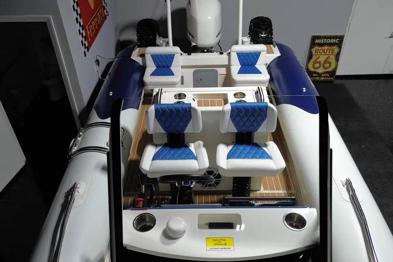 7.5m Hydrasol Rib Yacht Photos Pics 2021 Sealegs 7.5M RIB with blue and white seating, viewed from above.
