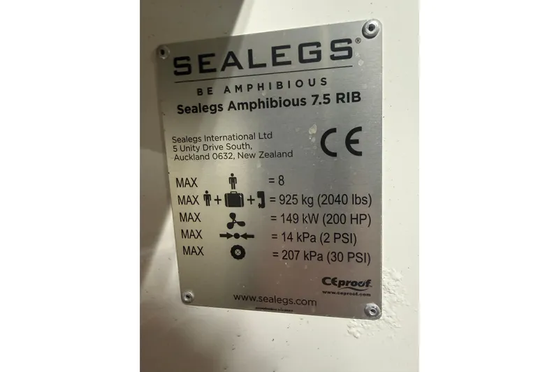 7.5m Hydrasol Rib Yacht Photos Pics Plaque of 2021 Sealegs 7.5M RIB showing specifications and maximum capacities.