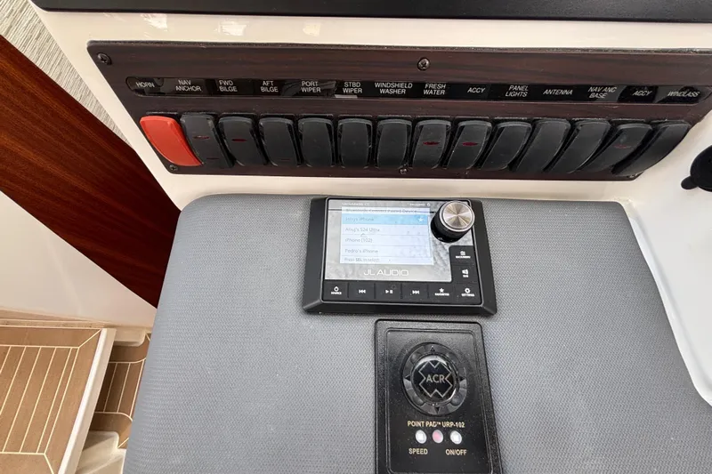  Yacht Photos Pics Control panel of 2024 Pursuit OS 445 Offshore boat with JL Audio system.