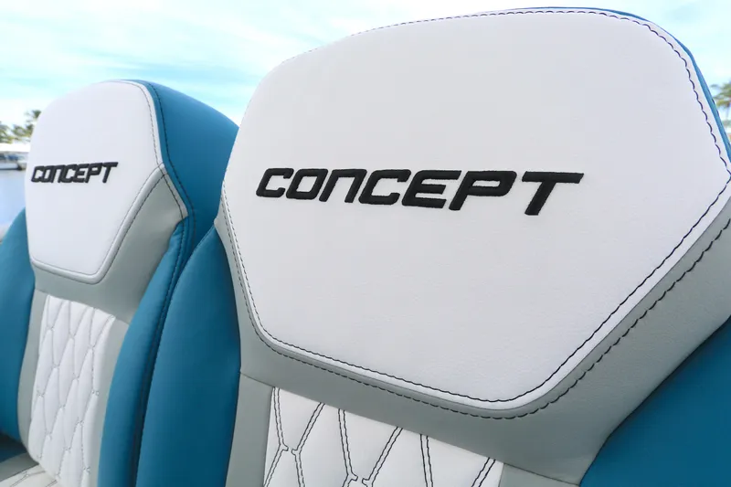  Yacht Photos Pics 2025 Concept 30 Open Deck boat seats with stylish blue and white design.