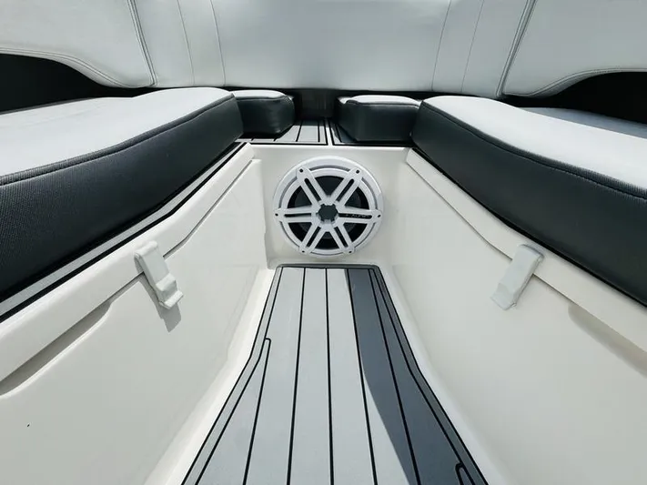  Yacht Photos Pics Interior seating of 2020 Fountain 38cc boat with speaker and cushioned seats.