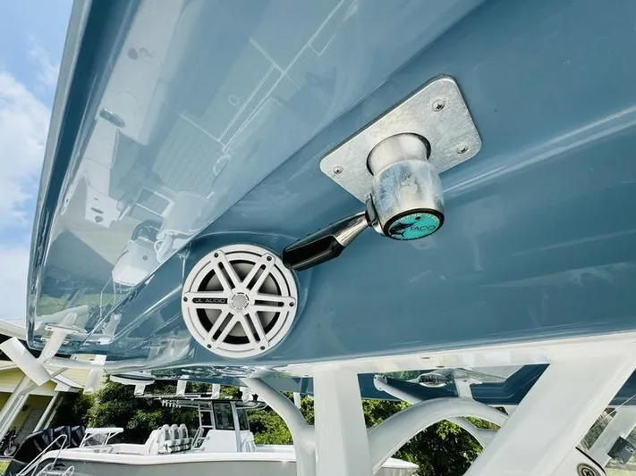  Yacht Photos Pics Close-up of a 2020 Fountain 38cc boat's underside with speaker and hardware.