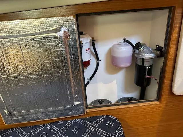 C426 #115 Yacht Photos Pics Engine compartment of 2025 Catalina 426 yacht with insulation and fluid containers.