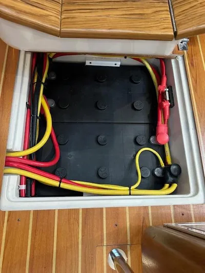 C426 #115 Yacht Photos Pics Battery compartment with red and yellow cables in a 2025 Catalina 426 boat.
