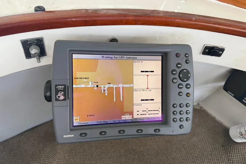 Caribbean Express Yacht Photos Pics Garmin GPS device on 1984 Custom 38 boat, displaying navigation map.