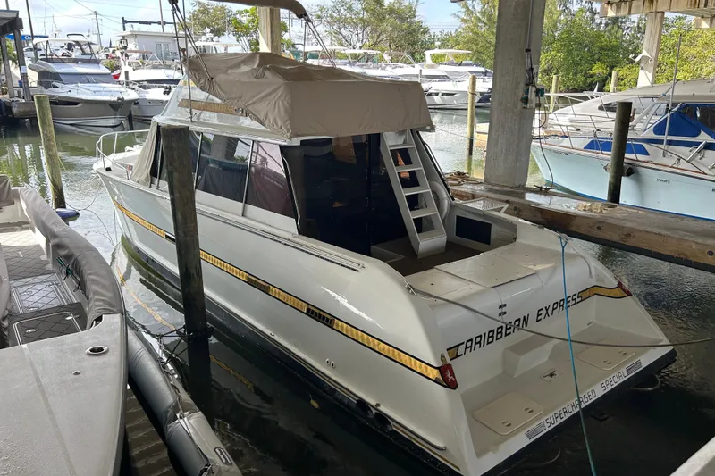 Caribbean Express Yacht Photos Pics 1984 Custom 38 boat "Caribbean Express" docked in marina, covered deck, surrounded by other boats.