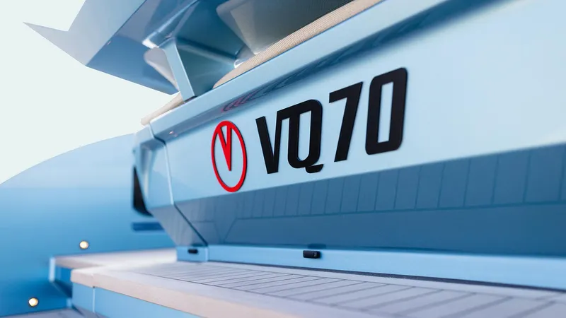Chapter 3 Yacht Photos Pics 2024 Vanquish Yachts VQ70 luxury yacht, sleek design, close-up view.