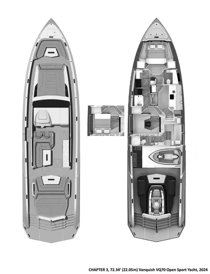 Chapter 3 Yacht Photos Pics 2024 Vanquish VQ70 yacht floor plan, showcasing luxurious design and spacious layout.