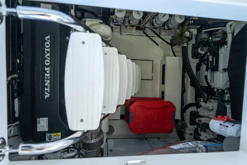 Water Dog Yacht Photos Pics Engine room of 2024 Riviera 5400 Sport Yacht with Volvo Penta engine.