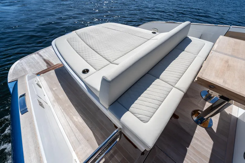 Yacht Photos Pics Luxurious seating on 2025 Solaris Power 44 Open yacht, featuring elegant quilted upholstery.