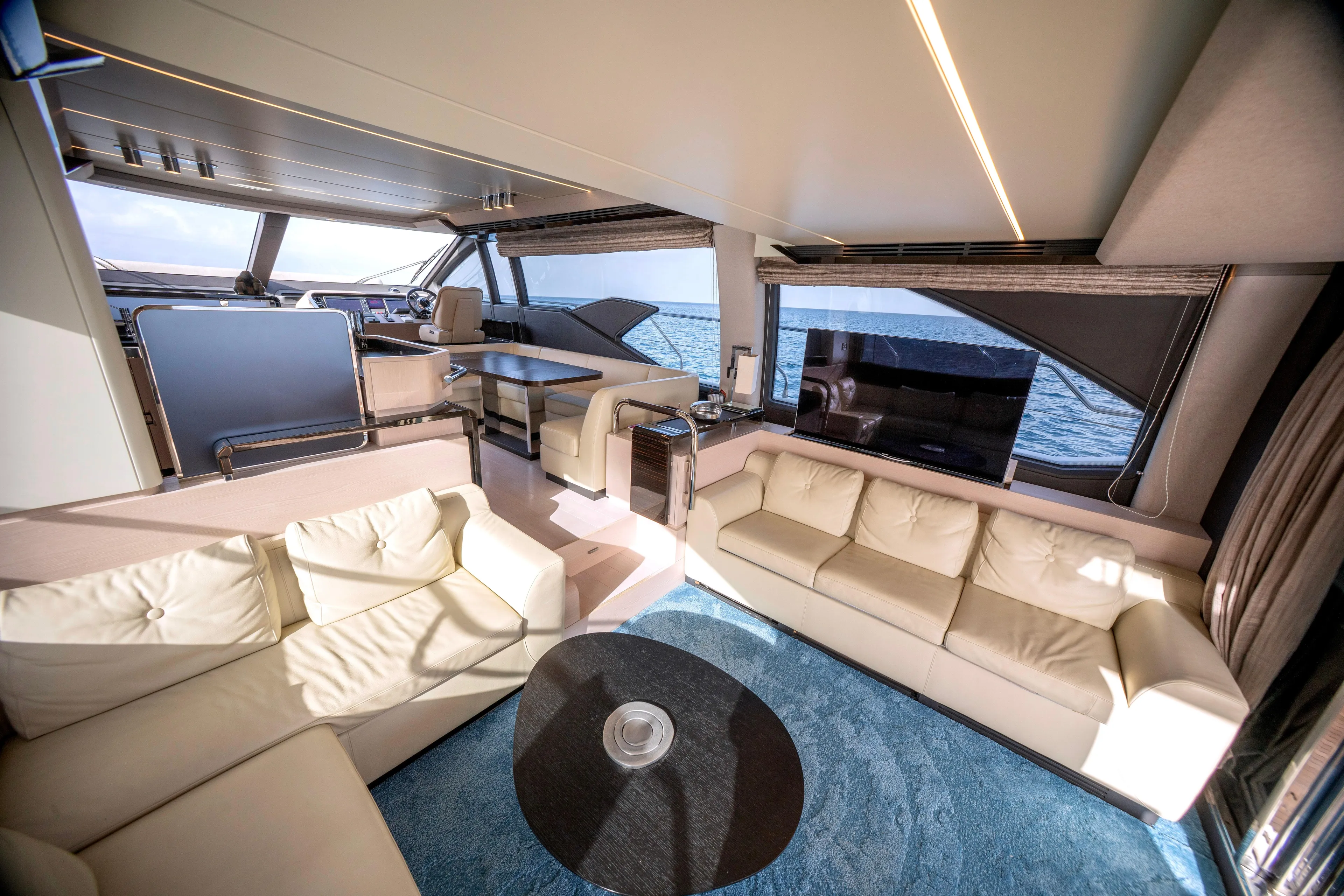 M/y Golden Pearl Yacht Photos Pics Luxurious interior of a 2017 Azimut yacht with elegant seating and ocean view.