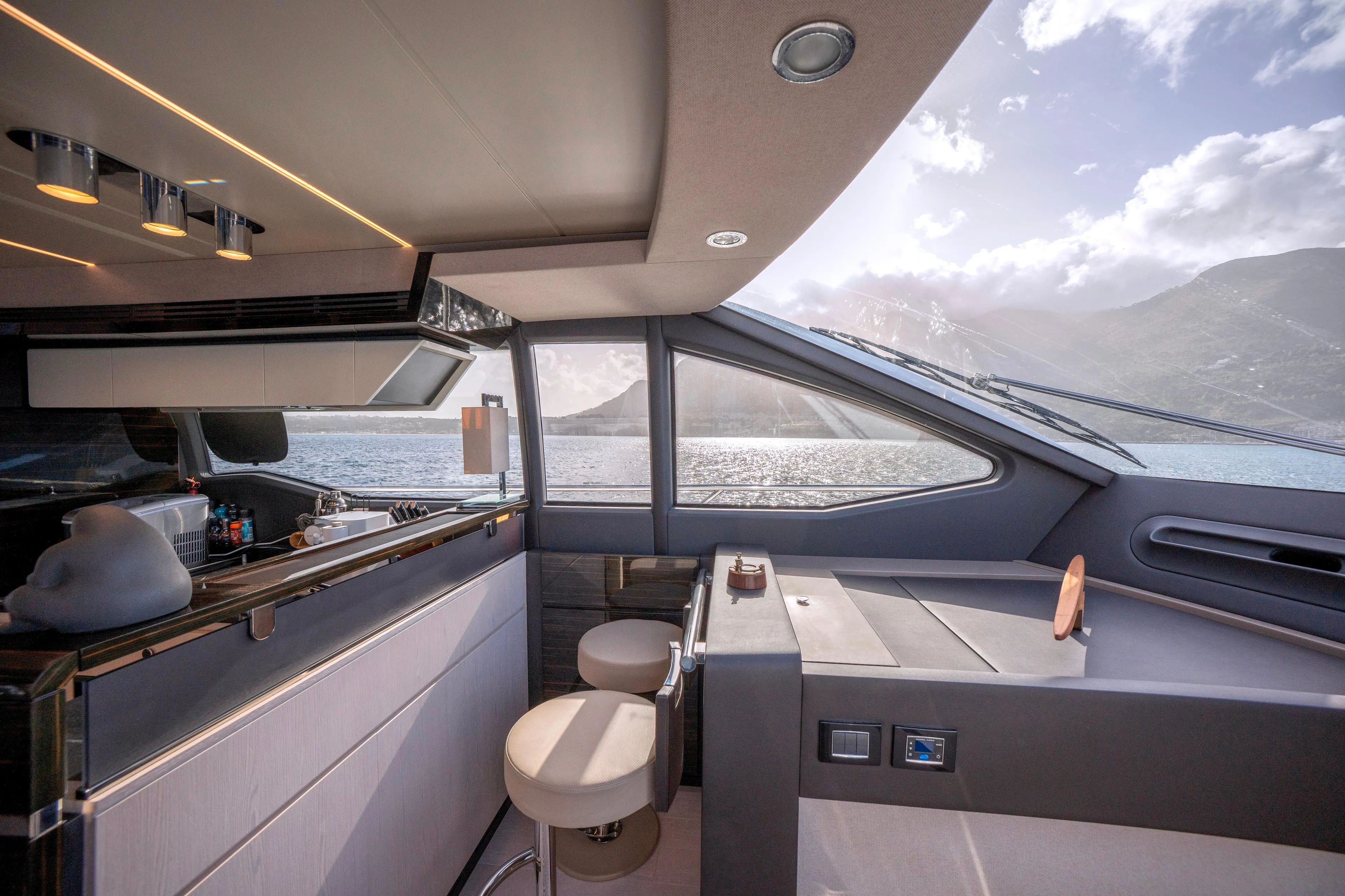 M/y Golden Pearl Yacht Photos Pics Luxurious 2017 Azimut yacht interior with modern design and scenic ocean view.