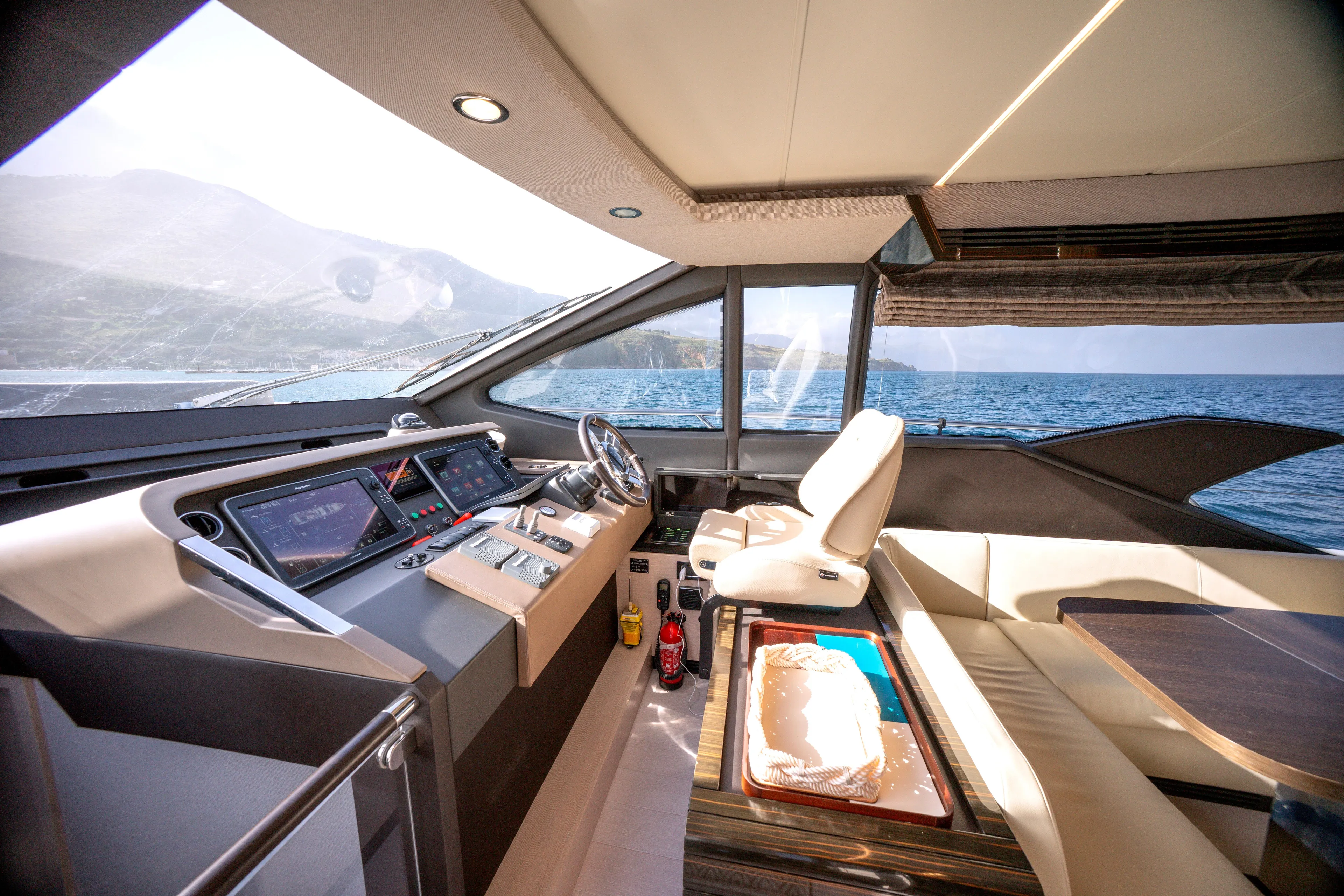 M/y Golden Pearl Yacht Photos Pics Luxurious 2017 Azimut yacht interior with modern cockpit and ocean view.