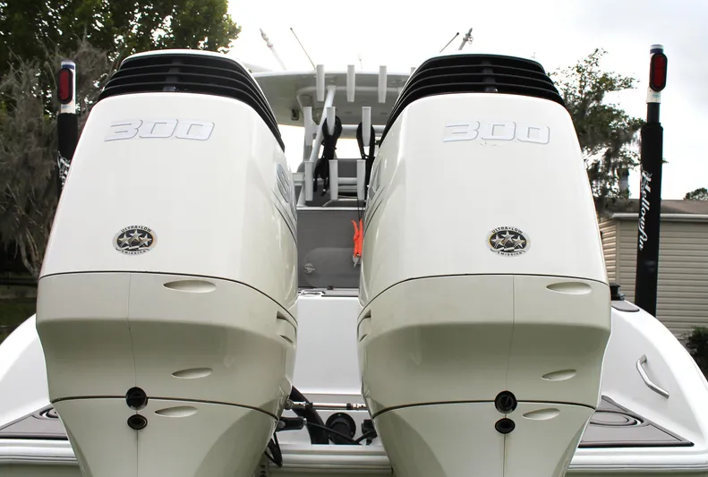  Yacht Photos Pics Twin 300 horsepower engines on a 2005 Yellowfin 31 Open boat.