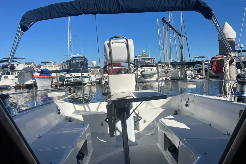  Yacht Photos Pics Cockpit view of a 2007 Catalina 42 MkII sailboat docked at a marina.