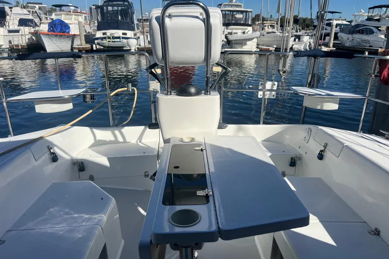  Yacht Photos Pics Cockpit of a 2007 Catalina 42 MkII sailboat docked at a marina.