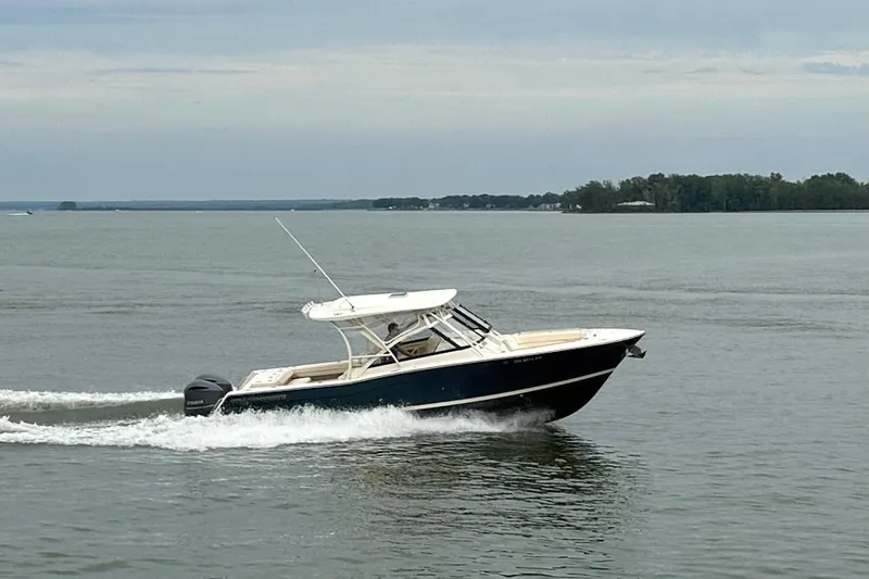  Yacht Photos Pics 2016 Grady-White Freedom 307 boat cruising on a calm lake.