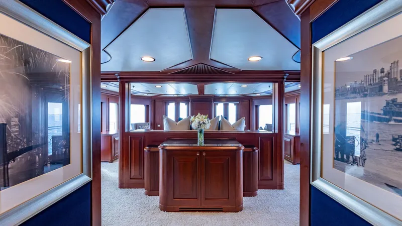 Focus Yacht Photos Pics Luxurious interior of 2002 North American Tri-Deck Motor Yacht with elegant wood paneling.