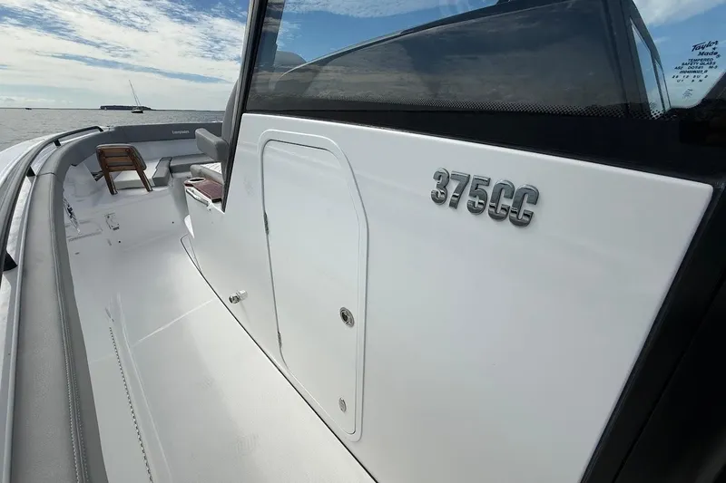  Yacht Photos Pics 2026 Everglades 375 Center Console boat, sleek design, open deck, ocean backdrop.