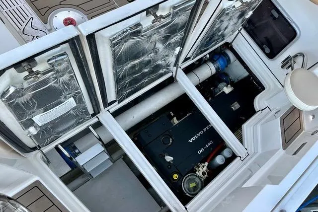 Topcat Yacht Photos Pics Engine compartment of 2022 Aspen C120 boat, featuring Volvo Penta D6-440 engine.
