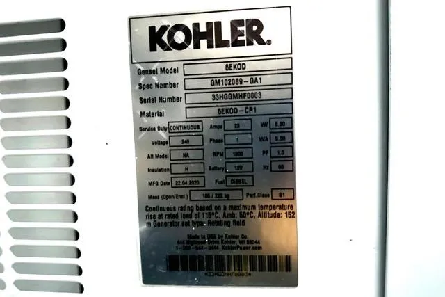Topcat Yacht Photos Pics Kohler generator label with specifications, including model 6EKOD, voltage 240, and diesel fuel type.
