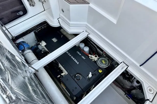 Topcat Yacht Photos Pics Engine compartment of 2022 Aspen C120 boat featuring a Volvo Penta engine.