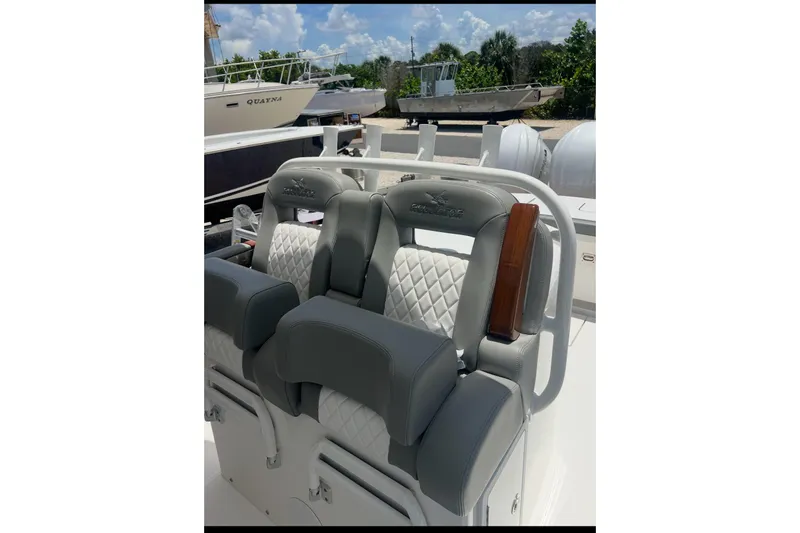 34 Regulator Yacht Photos Pics 2024 Regulator 34 C boat seats with quilted design and sleek gray upholstery.