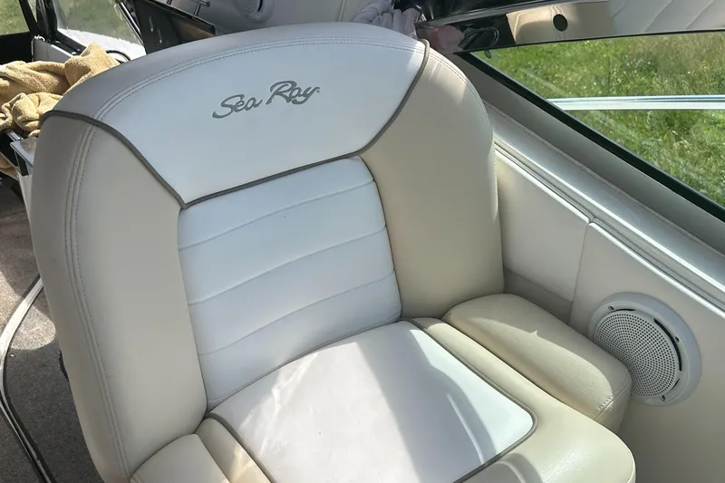 Westwind Yacht Photos Pics Luxury seating on 2012 Sea Ray 350 Sundancer boat, featuring white leather upholstery.