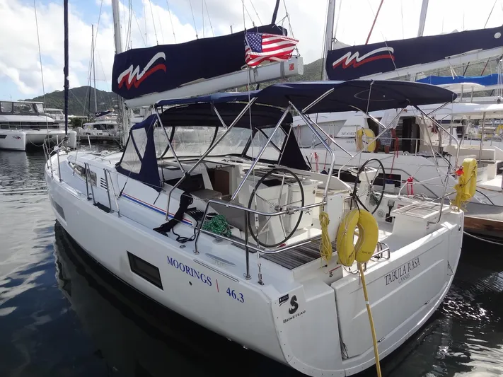 Tabula Rasa Yacht Photos Pics 2020 Beneteau Oceanis 46.1 sailboat docked at marina, featuring dual helm and canopy.