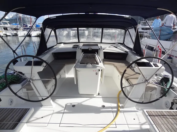 Tabula Rasa Yacht Photos Pics Beneteau Oceanis 46.1 2020 sailboat cockpit with dual steering wheels at marina.