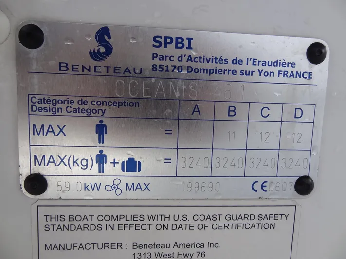 Tabula Rasa Yacht Photos Pics Beneteau Oceanis 46.1 2020 compliance plate with design category and max load details.