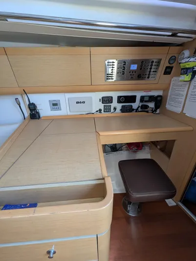 Saga Yacht Photos Pics Navigation station in 2012 Beneteau First 40 yacht with control panel and seating.